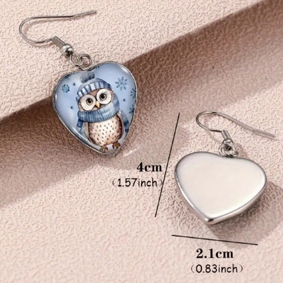 NEW Animal Print Blue Holiday Christmas Silver Snowy Owl Winter Gift Earrings - Picture 2 of 4